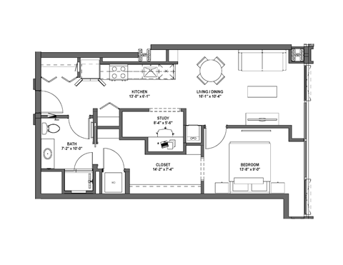 Floor plan for 1 bed, 1 bath, 759 sqft